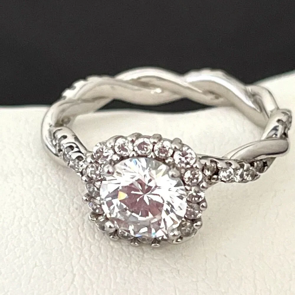 New Sterling Silver Ring 925 CZ Halo Twist Band Engagement Size 7 - 1E